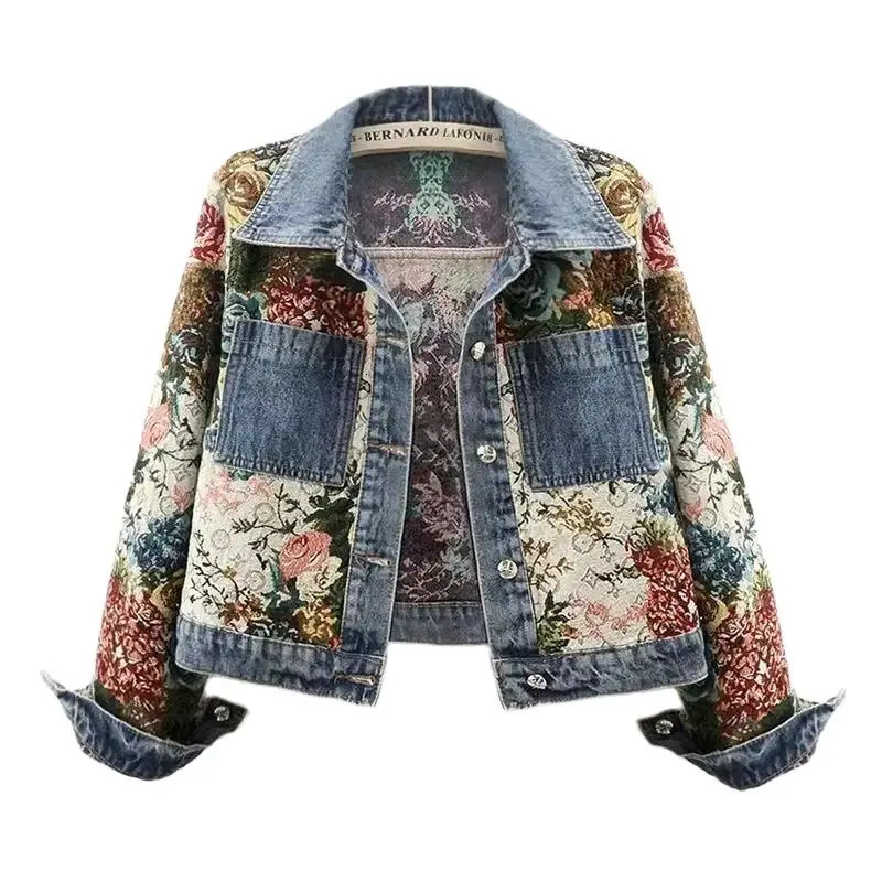 Spring Autumn Printing Short Denim Jacket Women Fashion Loose Leisure Coat Patchwork Button Vintage Outerwear Female 251231