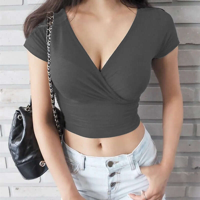 Cross-Border Summer Solid Color V-Neck T-Shirt Women Short Sleeve Sexy Navel-Baring Ladies Casual Tops