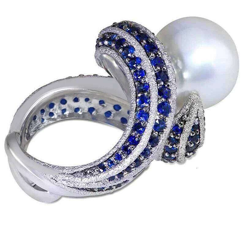 Huitan Hyperbole Personality Women Irregular Shaped Full with Blue CZ Imitation Pearl Wedding Rings Hot Trendy Jewelry