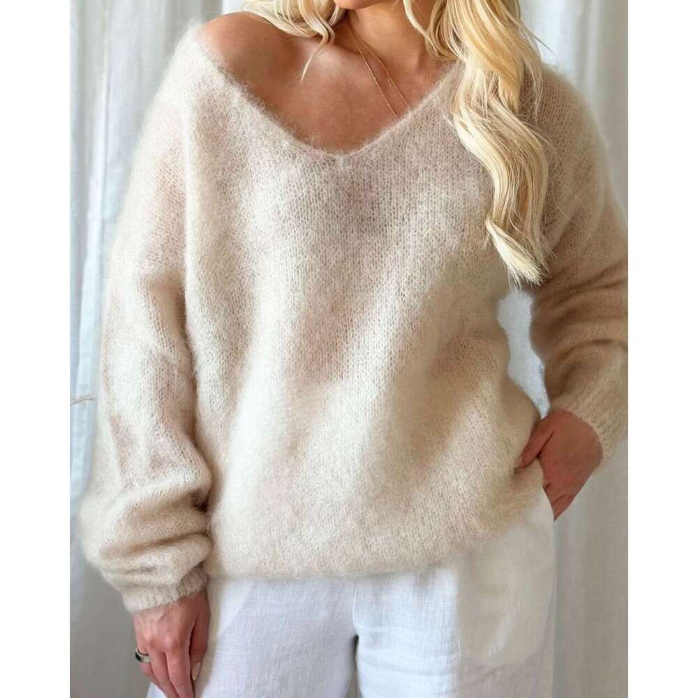 European and American Soft V-Neck Long Sleeve Sweater for Women 2026 Autumn Winter Pullover Solid Color Lazy Style Loose Knitted Top