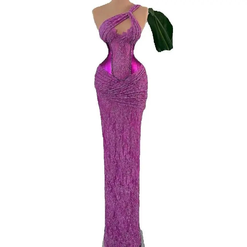 Elegant One Shoulder Mermaid Prom Gown Sexy Sleeveless Lace Satin Evening Dresses Floor Length Customized Party Dress