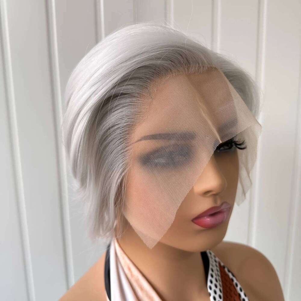 RDY Pixie Cut Short Bob Silver Grey Synthetic Front Wig Gluless Layered Straight Hair Frontal Lace Wigs for Women Daily