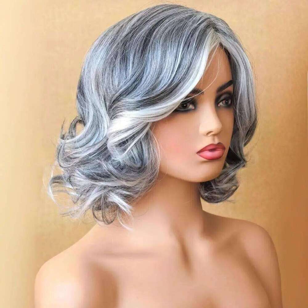 Women's European American Wig Gray-White Short with Fullness Side-Swept Long Bangs Export Synthetic Hair Cap