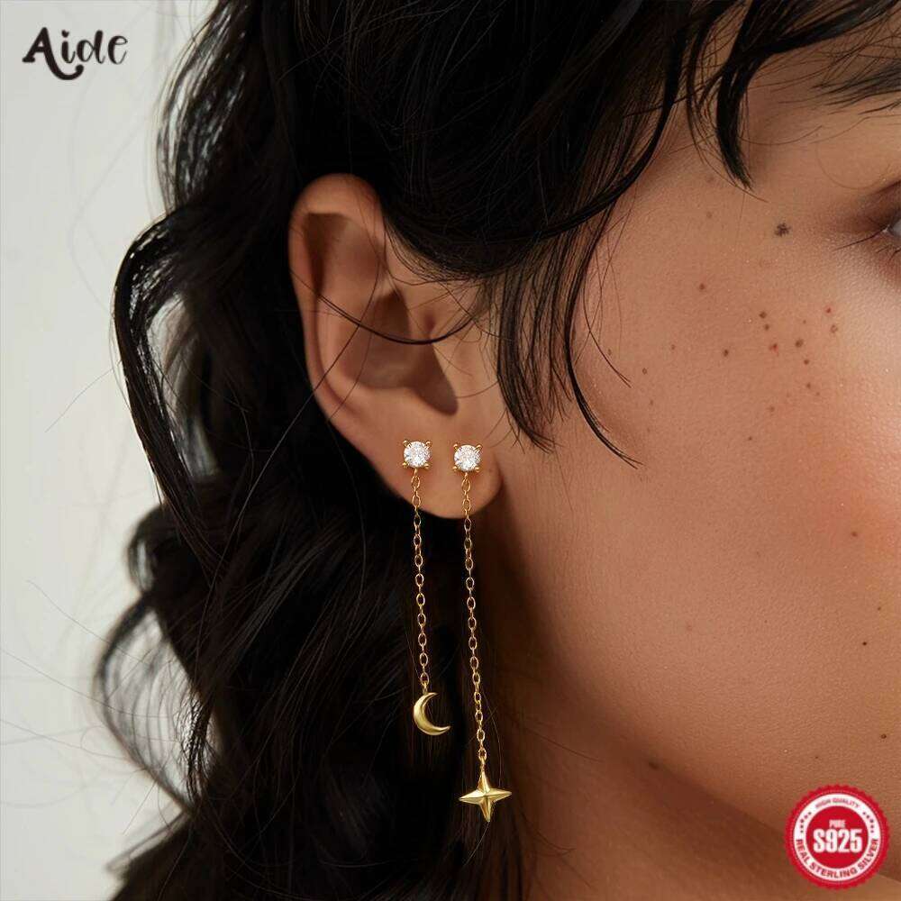 Aide 925 Sterling Silver Moon Star Long Tassel Chain With Mini Zircon Stud Earrings For Women 18K Gold Fine Jewelry High Quality