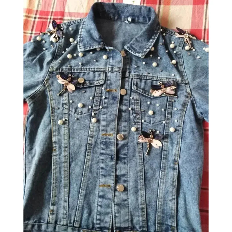 Autumn Ladies Short Beading Denim Jacket Retro Women Long Sleeves Outwear Femme Fashion Cowboy Tops Coat 251231