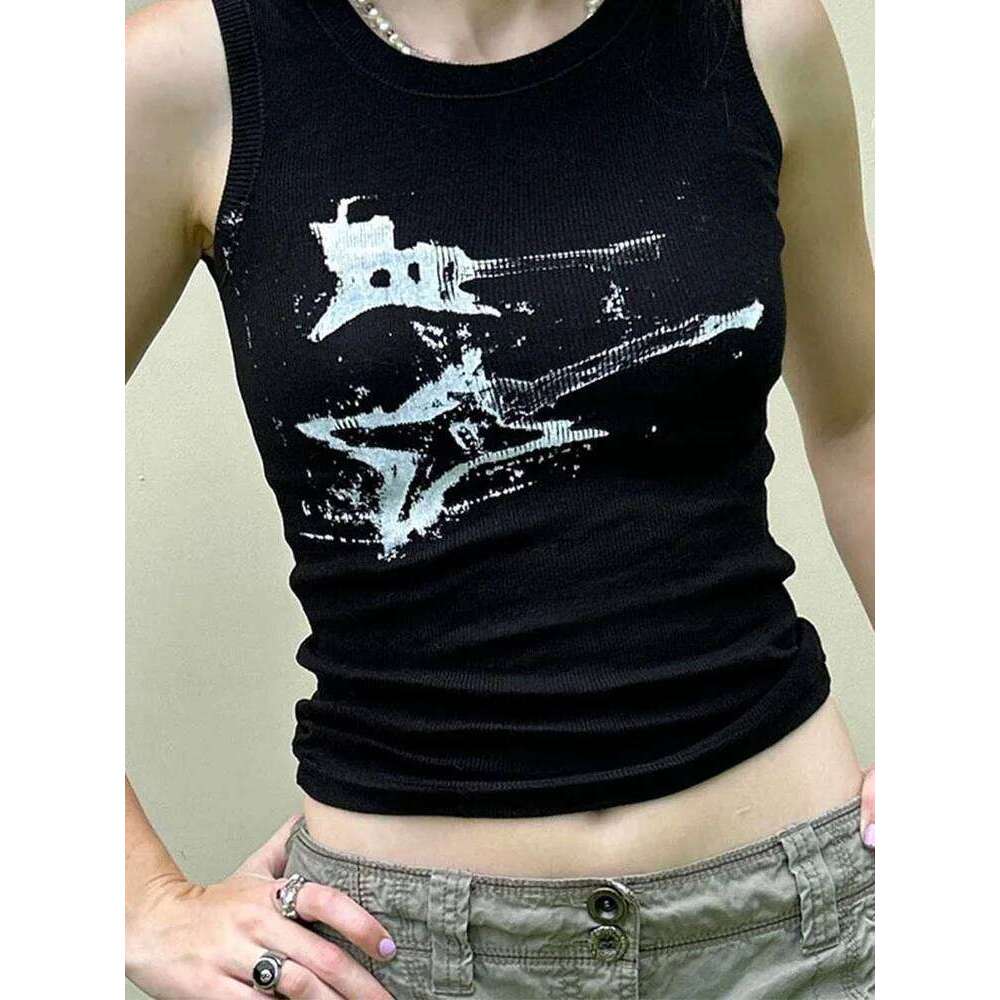 Guitar Print Sleeveless Tank Y2K Casual Ribbed Women Grunge Crop Top Harajuku Fashion Vest Tee 90s Street Outfits