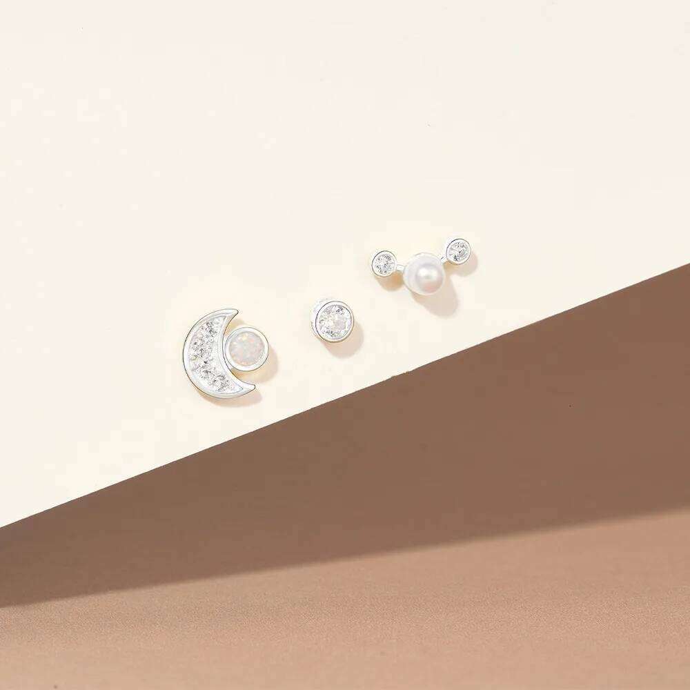 Aide 925 Sterling Silver 3pcs Set Moon Inlaid Zircon With Pearl Piercing Stud Earrings For Women K Gold Bohemian Elegant Jewelry