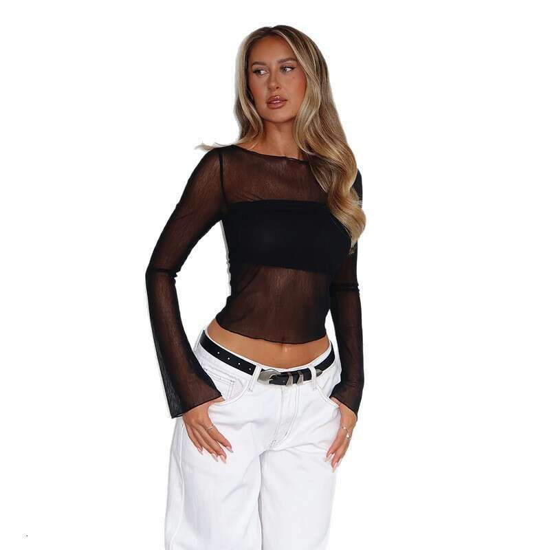 2026 Summer New Round Neck Long Sleeve Mesh See-through Waist-exposing Top Base Layer Hot Girl T-shirt