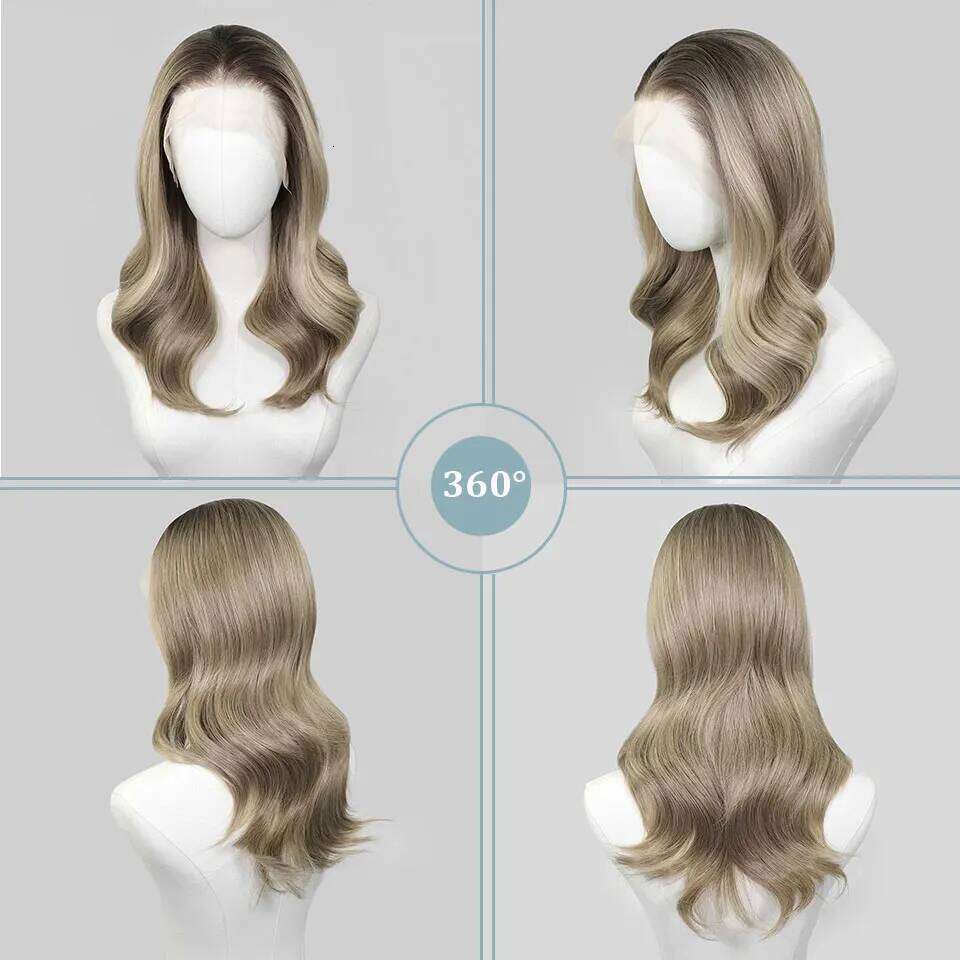 Shoulder Length Ombre Short Wavy Synthetic Wigs 13x4 Lace Front Brown Highlight Blonde Wig For Women Daily Use 150Density