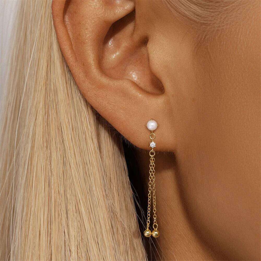 Aide S925 Sterling Silver Elegant Geometric Crystal Pearl Dangle Long Chain Drop Earrings For Women Fine Jewelry Gifts