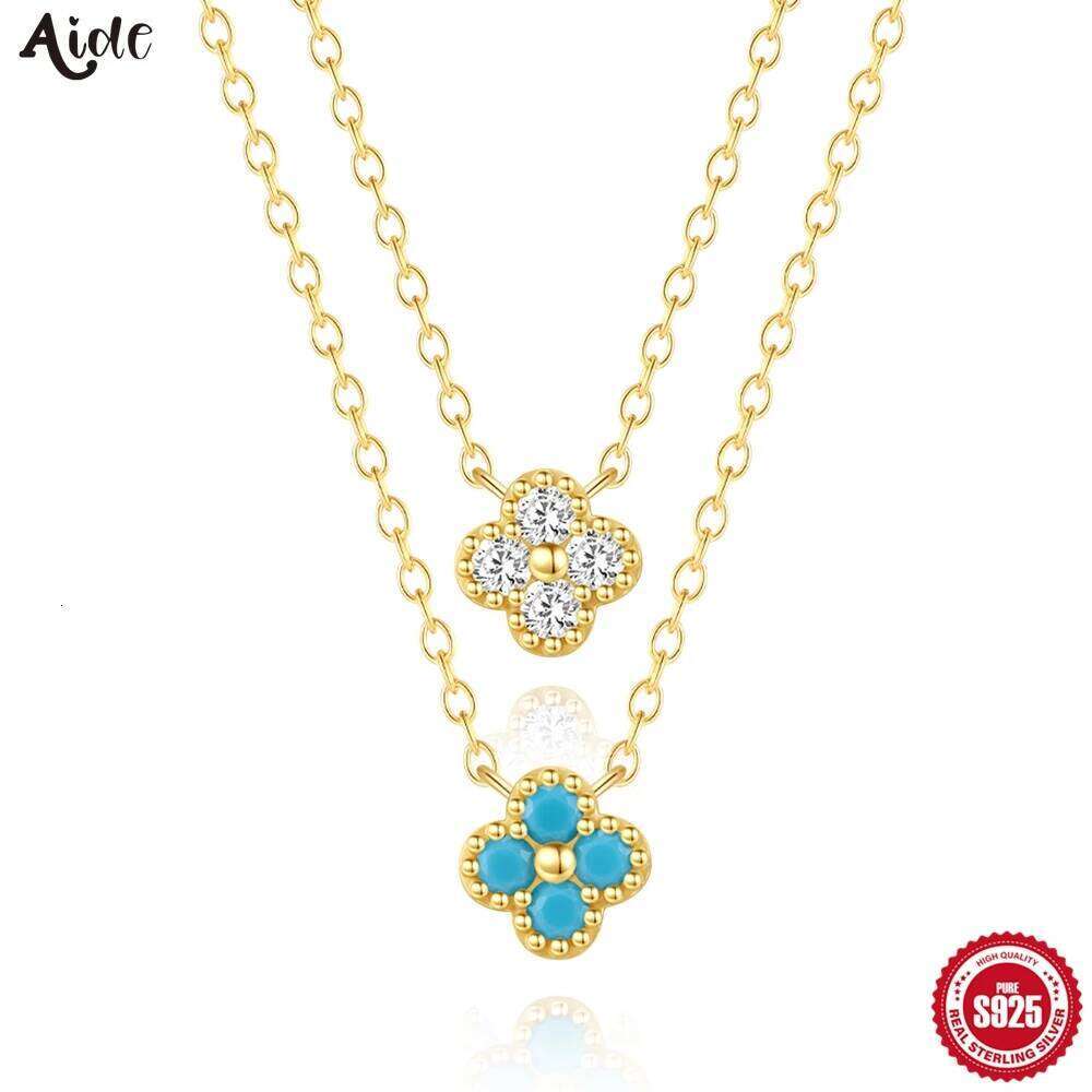 Aide Plata Real 925 Sterling Silver Lucky Lady European And American Four-leaf Clover Chain Turquoise Necklace