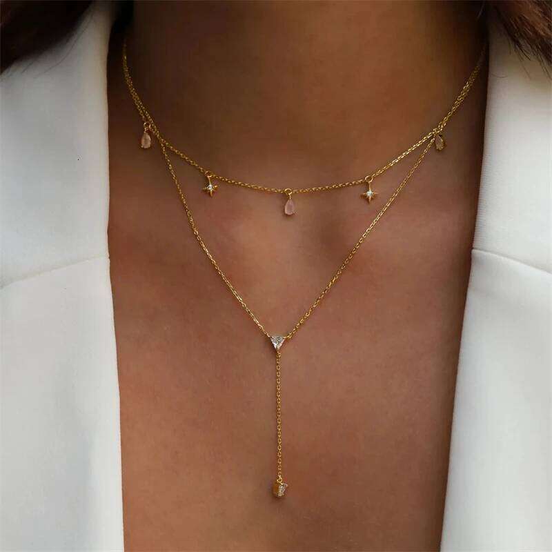 Aide 925 Sterling Silver Light Pink Water Drop Zircon Charms Necklaces For Women White Crystal Star Pendant Necklace Jewelry