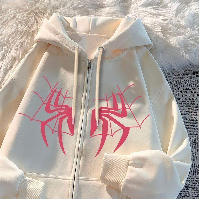 European and American Style Cool Unisex Fleece Hoodie for Men and Women Autumn Winter Spider Print Zipper Sports Outdoor Jacket