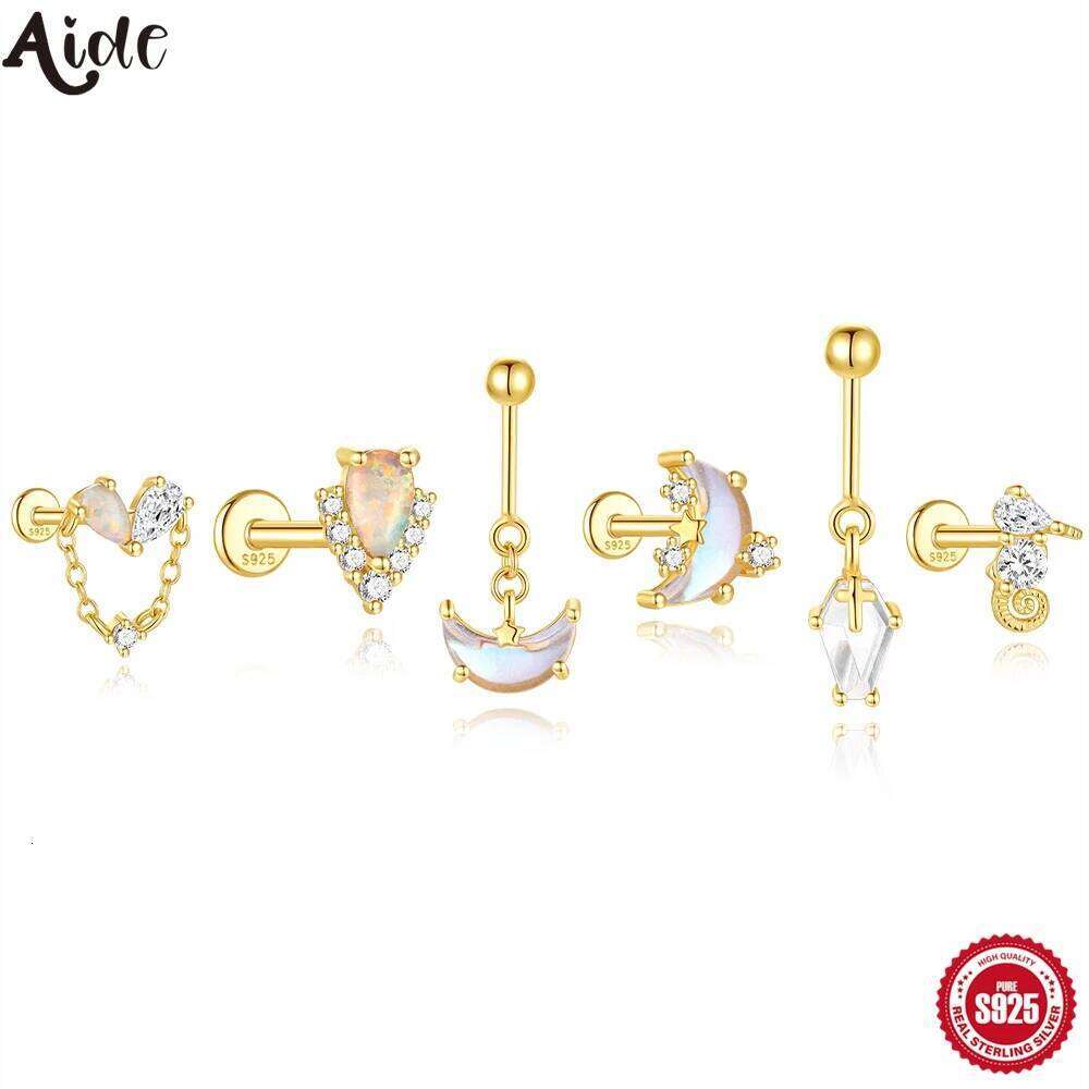 Aide 925 Sterling Silver Cute Blue Glass Opal Stud Ear for Girl Beach Holiday Zircon Piercing Earrings Fine Jewelry