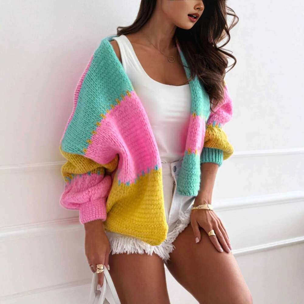 Fashionable Color Block Knitted Open 2026 Designer Fashion Cardigan Loose Casual V Neck Shoulder Drop Sleeve Women's Sweater Autumn Winter New Ar