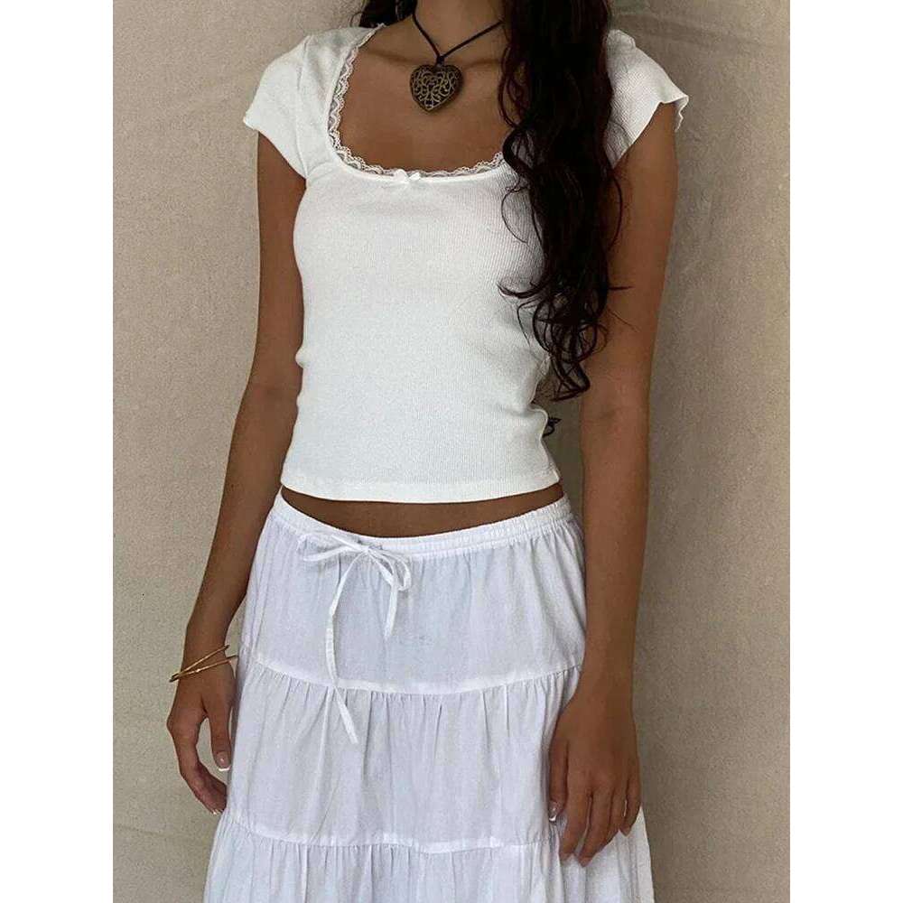 y2k Vintage Baby Cottage Lace Trim Knitted T-Shirt Summer Square Neck Short Sleeve Tee Shirt Women White Milkmaid Crop Top