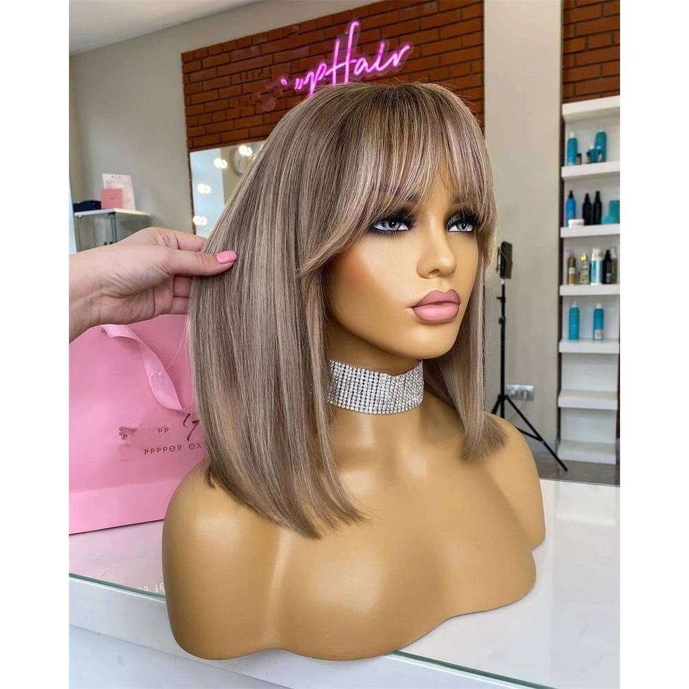 Platinum 13x4 Lace Front with Bangs STraight Dirty Ash Blonde Wigs Natural Roots High Heat Resistant Fibre Fringe Wig