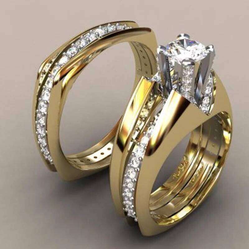 Huitan 2Pcs Bridal Set Ring Luxury Gold Color Geometric Shape Wedding Jewelry Women Micro Pave CZ Lady Proposal Engagement Rings