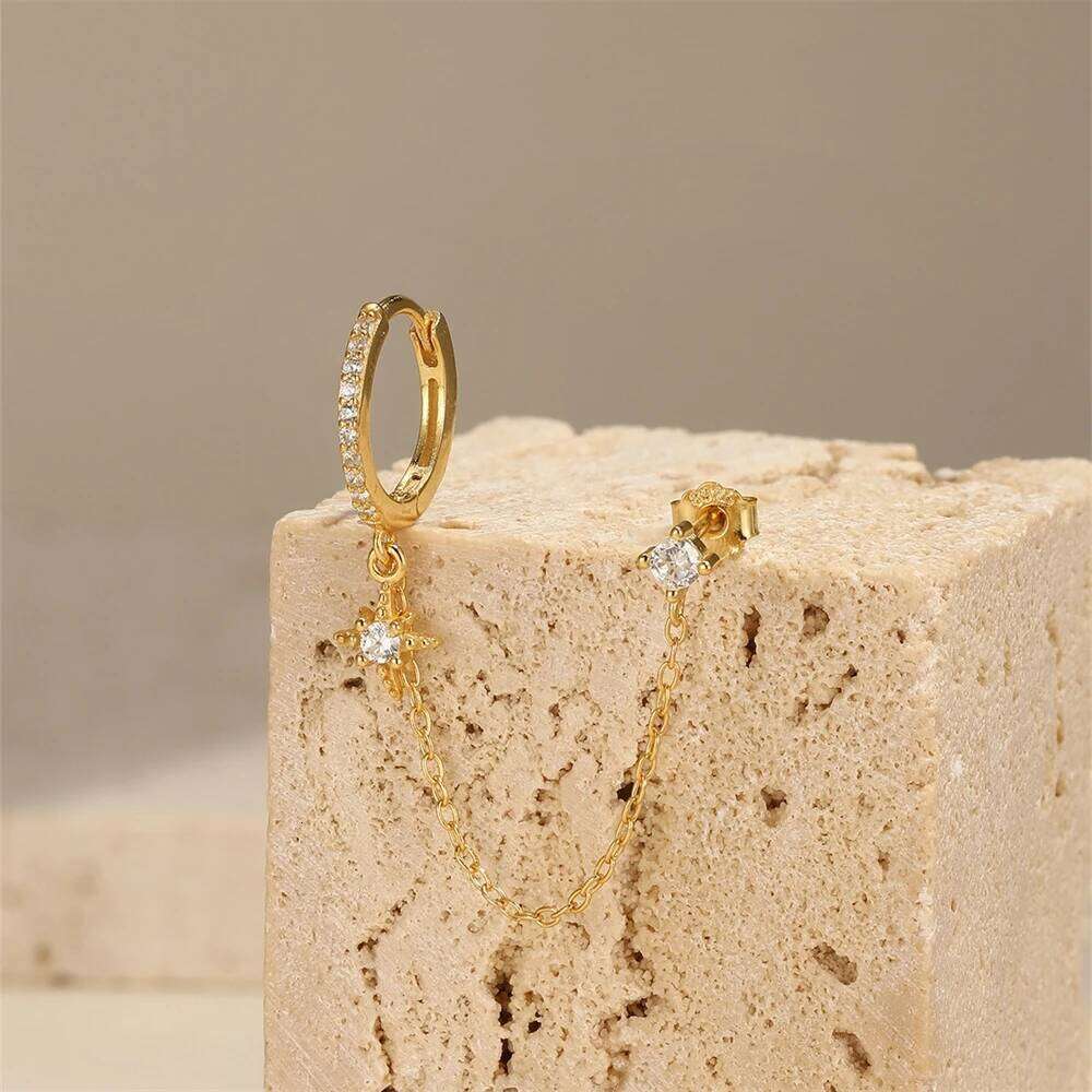 Aide Single 1PC Earring With Chain 925 Sterling Silver Bingling Crystal Huggie Earrings Party Jewelry Piercing Earlobe Studs