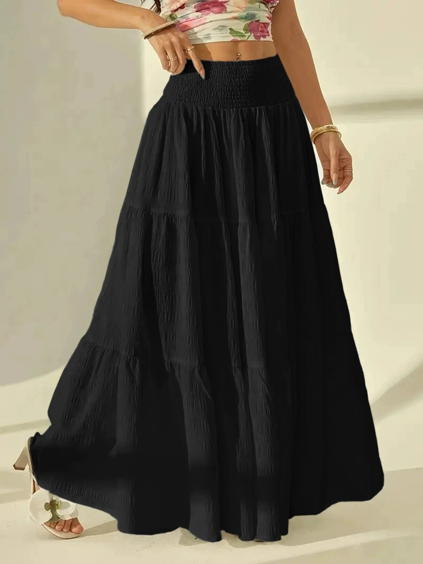 Women Fashion Tiered Maxi Skirt Elastic Waist Casual Solid Color Aline Faldas Mujer Holiday Streetwear Long Jupes 251231