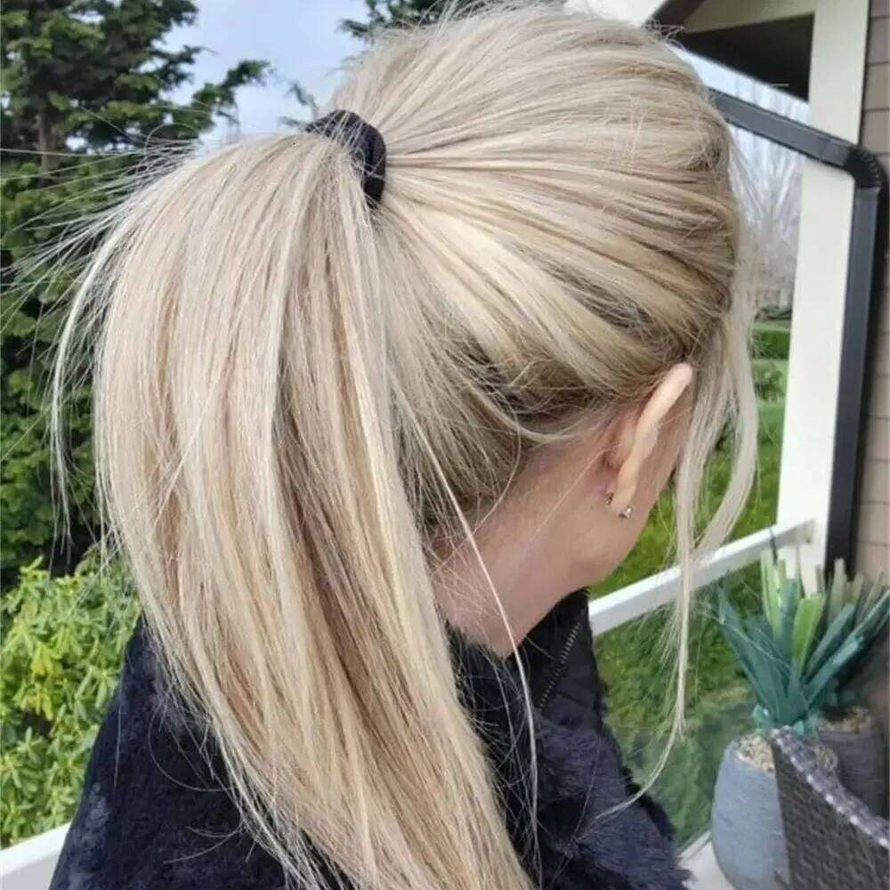 Synthetic Lace Front Pre Plucked Natural Hairline Straight Wigs Ash Roots Blonde Highlights Free Part Ponytail Wig for Girls