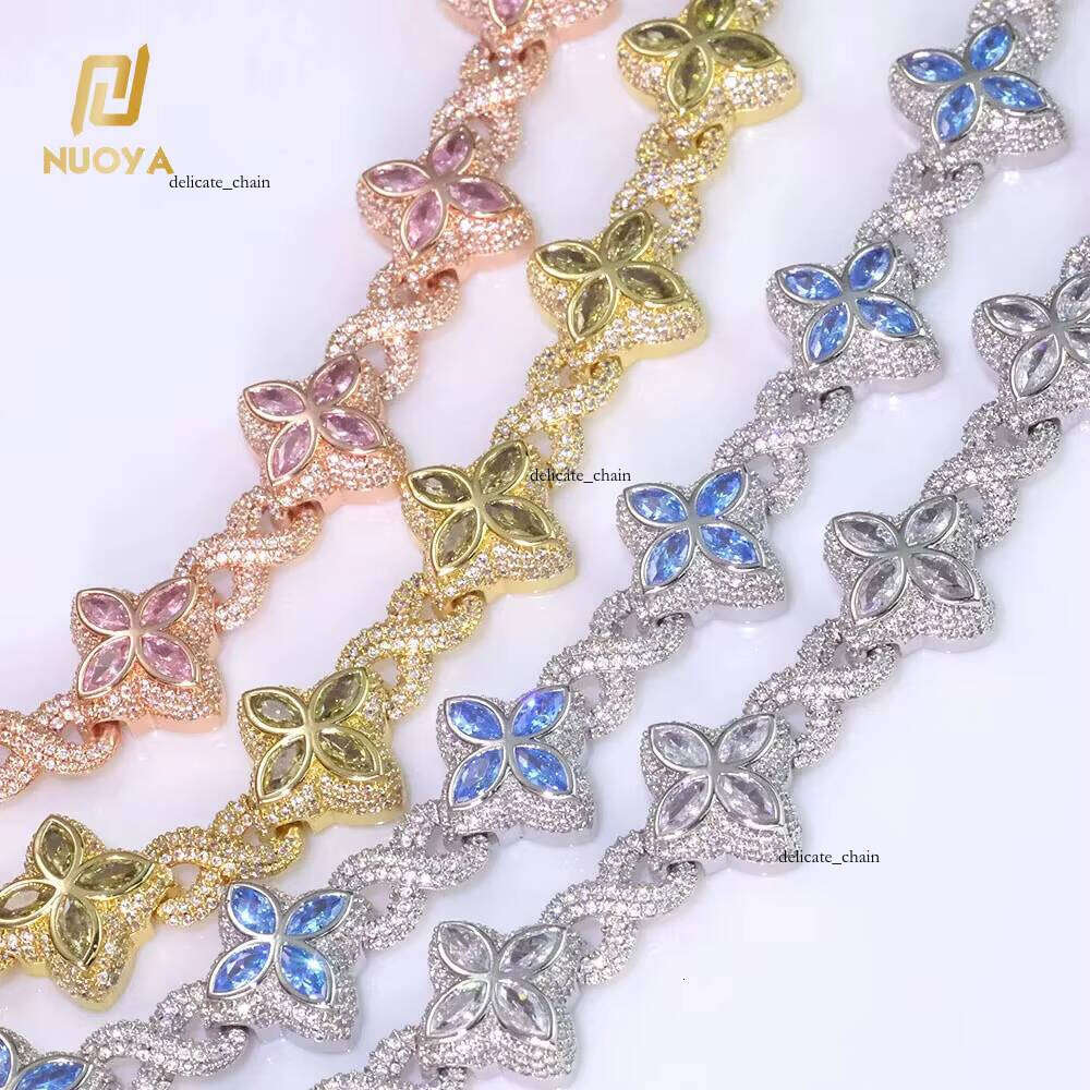 VVS Moissanite NUOYA Hip-Hop Jewelry 8mm Colorful Iced Flower Infinity Symbol Chain Four-Leaf Clover Unisex Necklace