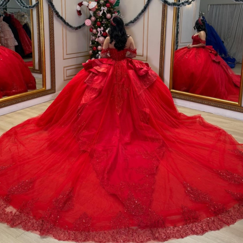 Red Quinceanera Dresses Off Shoulder Ball Gown Sweet 16 Dress Applique Lace Beading Crystal Tull Birthday Party Vestidos 15 De Anos
