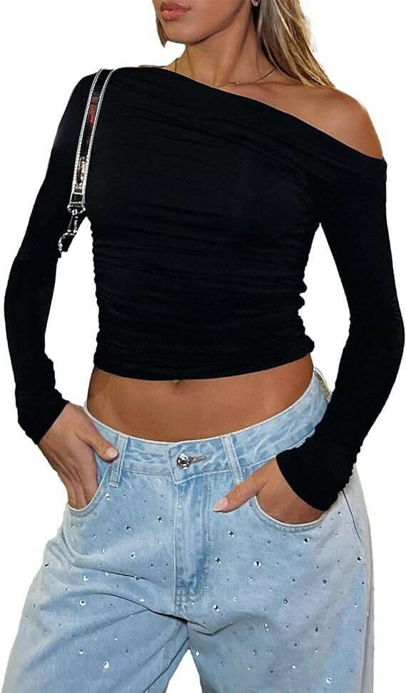 Cross-Border European and American Women's Clothing Asymmetrical Off-Shoulder Solid Color Crop Top Long Sleeve Sexy Slim Fit Elegant T-Shirt
