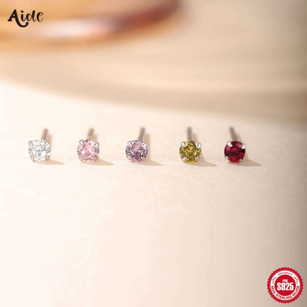 Aide 925 Sterling Silver Shiny Colorful Small Round Zircon Bar Piercing Stud Earrings For Women Minimalist Jewelry Party Gift