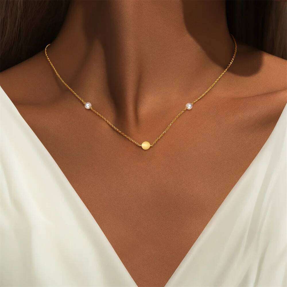 Aide 925 Sterling Silver Women's Pearl Necklace Fashion Disk Pendant Waterproof Collarbone Neck Chain Female Bracelet Jewelry