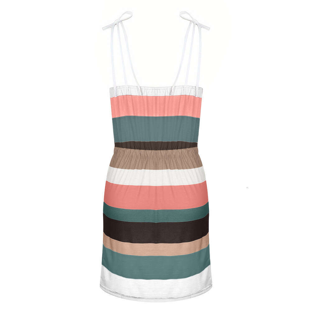 2025 European and American Cross-Border Independent Station Summer Women's Clothing Strap Drawstring Loose Color Block Striped Vest Dress