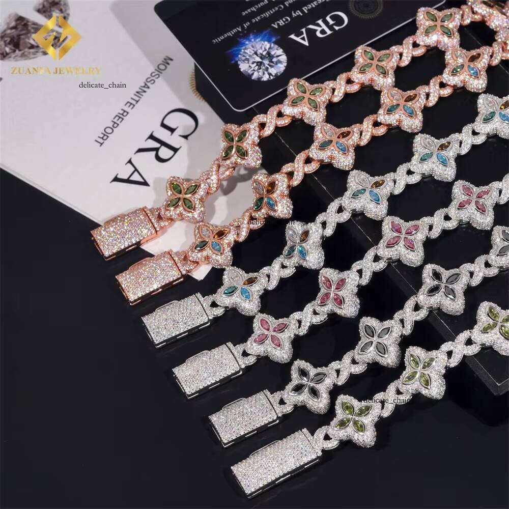 18mm High-Quality Multicolor Marquise VVS Moissanite 925 Silver Jewelry Iced VVS Silicon Stone Lucky Four-Leaf Clover Cuban Bracelet