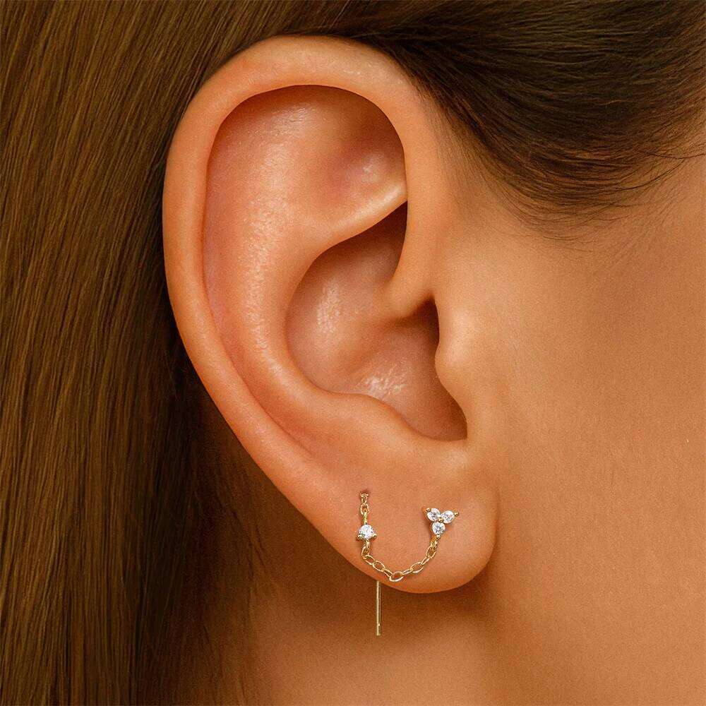 Aide 925 Sterling Silver Flower Zircon Long Tassel Drangle Earring For Women Luck Girls Four Leaf Clover Ear Studs arete Jewelly