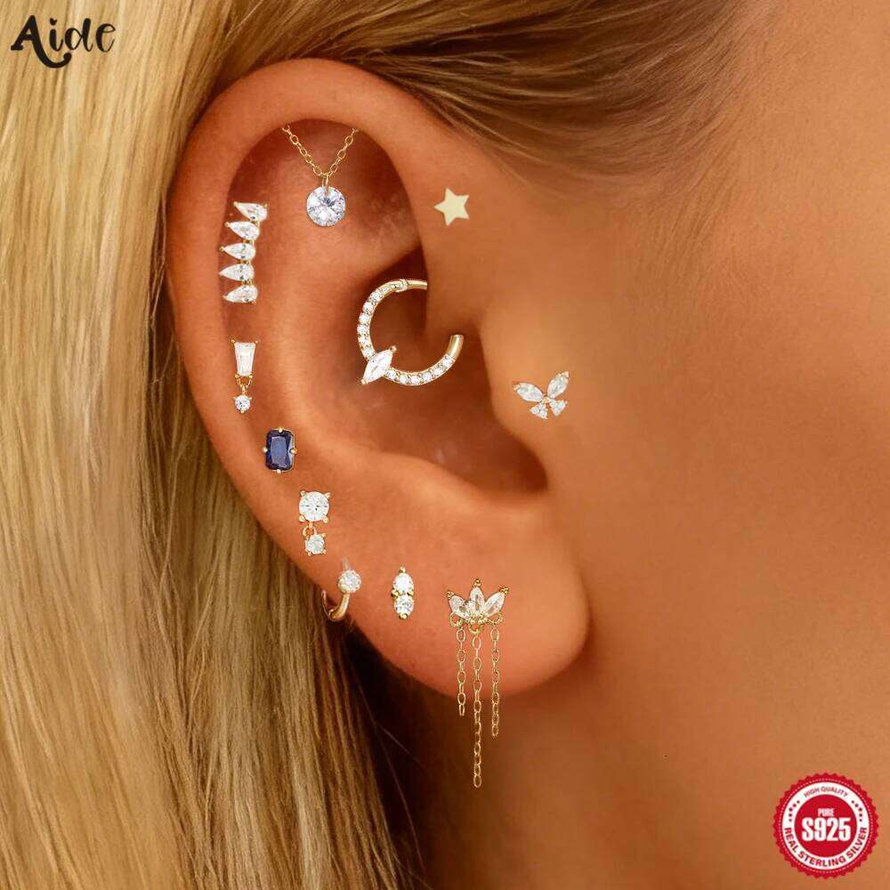 Aide 1PC 925 Sterling Silver Classic Ear Bone Earrings For Women Ins Stars CZ Flat Head Piercing Chain Stud Earring Pendientes