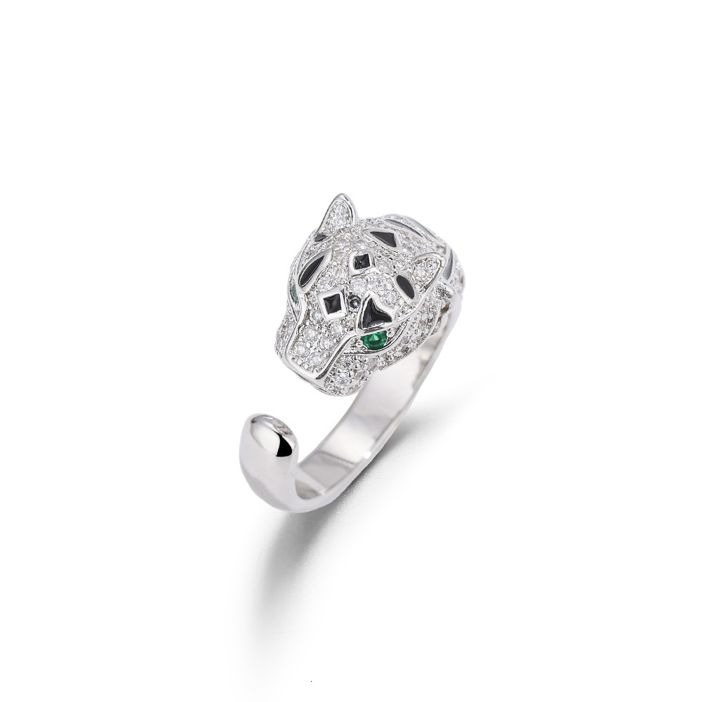 Luxury Brand Designer Jewelry Exquisite European And American Style Full Diamond Green-Eyed Leopard Head Ring For Women With Elegant And Fashionable P
