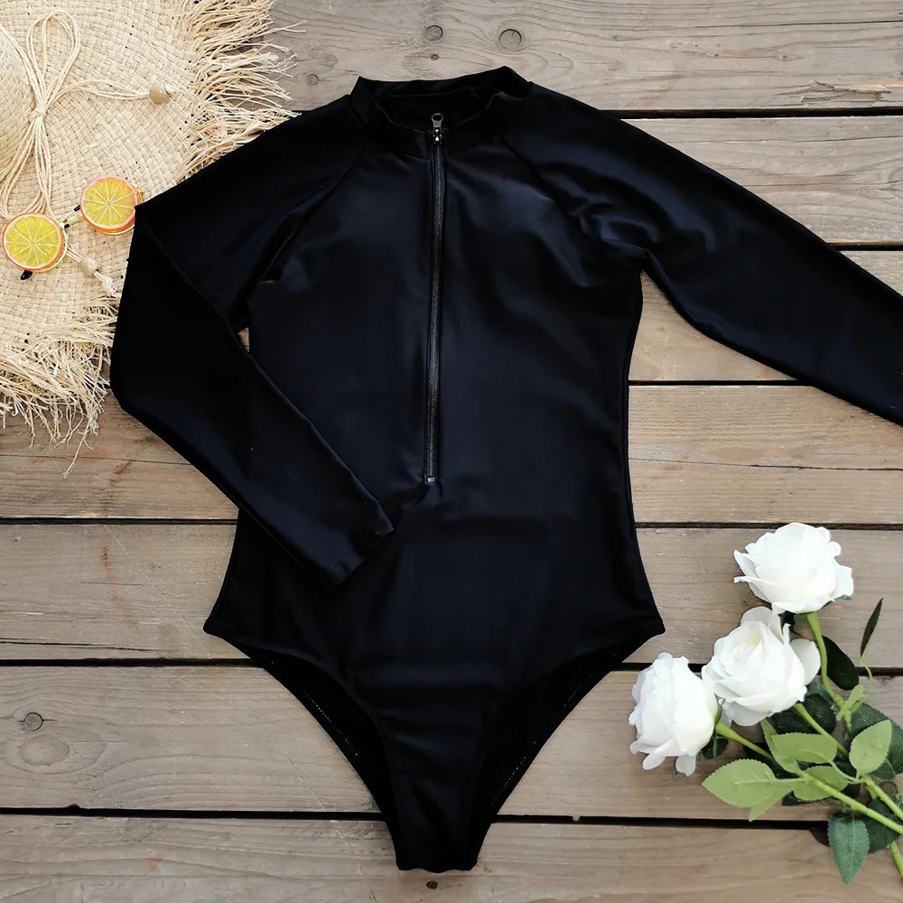 Surfing Sport Swimsuit Long Sleeves Women One Piece Swimwear Solid Monokini Bathing Suit Tropical Bodysuit Female 251231