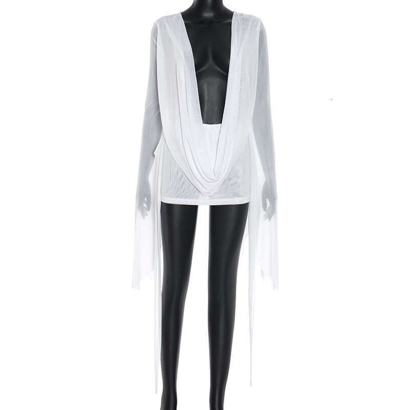 D25DS222 European and American Cross-Border New Women's Fashion Mesh Swing Collar Long Backless A-Line Short Sleeve Dress for Women