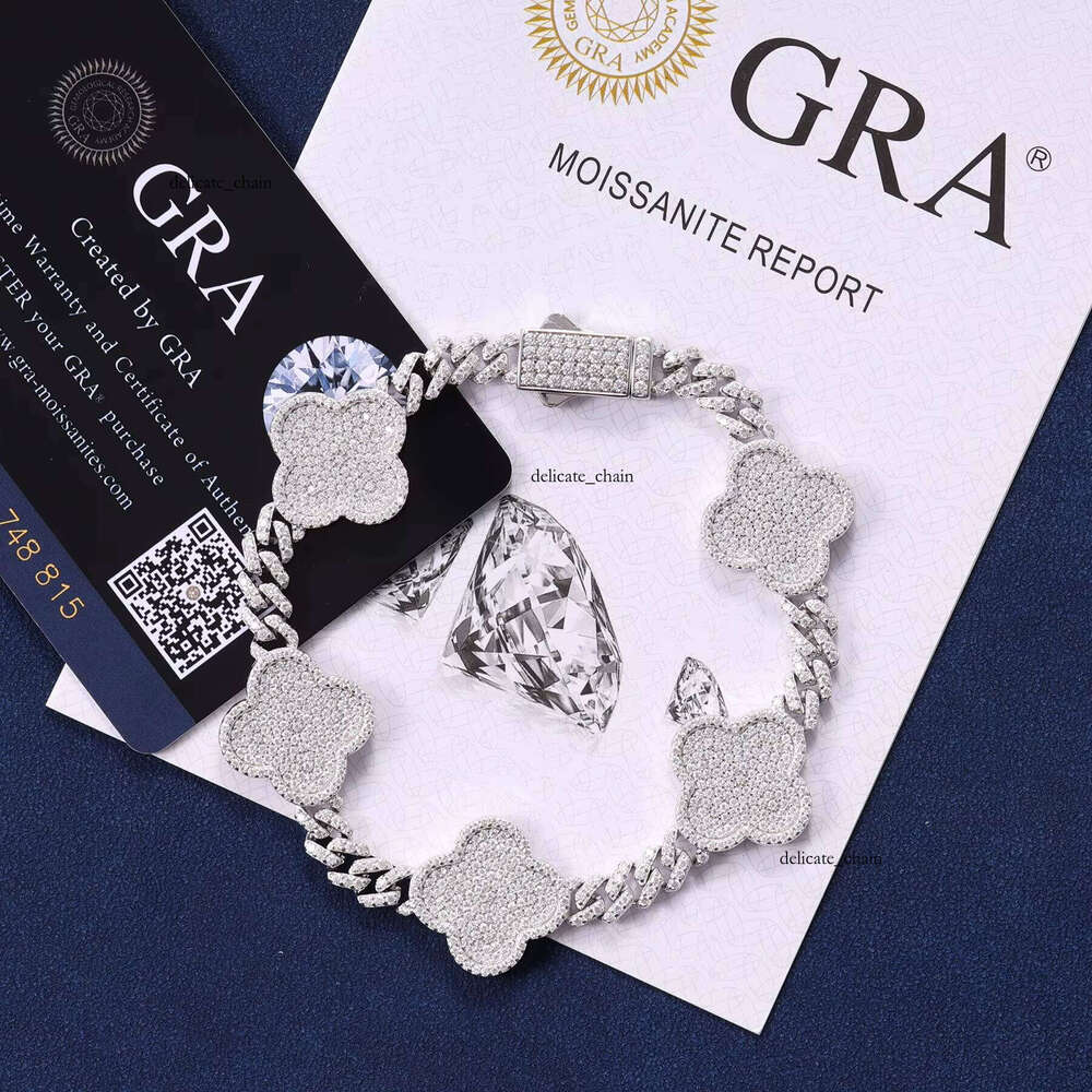 Fashion 16mm Clover Bracelet Full Diamond VVS D Moissanite 925 Sterling Silver Bangle Iced Out Hip Hop Jewelry