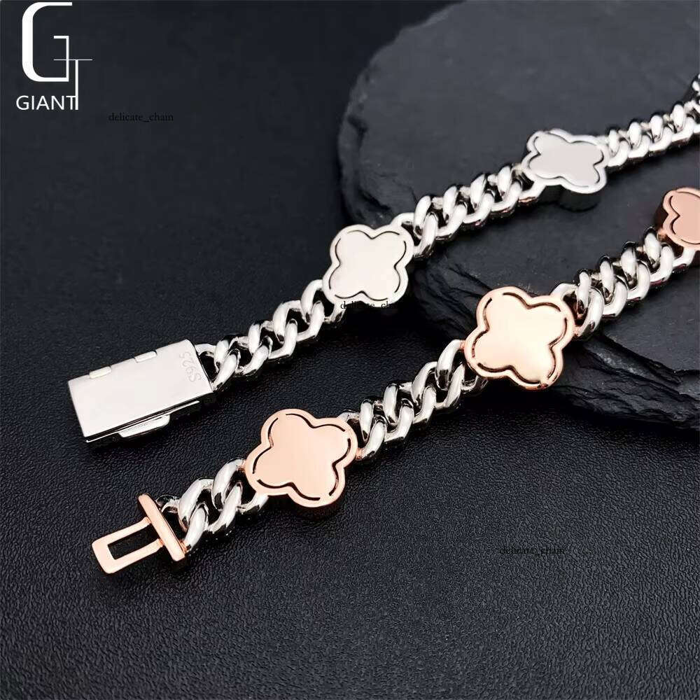 Fashion Four-Leaf VVS Moissanite Cuban Chain 925 Iced Rose Gold + Silver Hip-Hop Necklace Bracelet Best Gift
