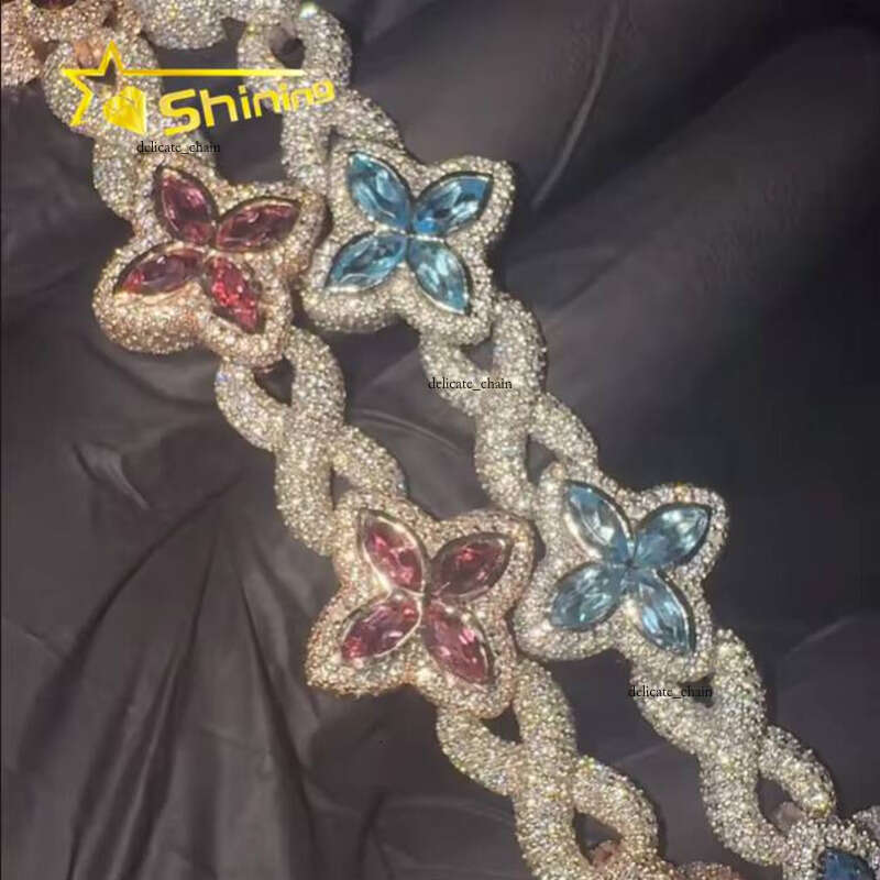 Hot Sale Popular Shining Hip Hop 925 Silver Pink Blue Marquise Infinity Cuban Link VVS Moissanite Bracelet