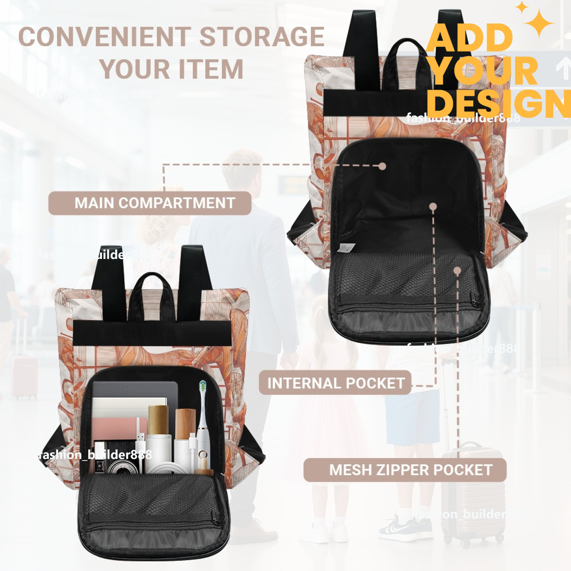 Custom H Designer Fashion Anti Theft Backpack Luxury Horse Pattern Unisex Full Print Backpack Laptop Bag Travel Bag H27