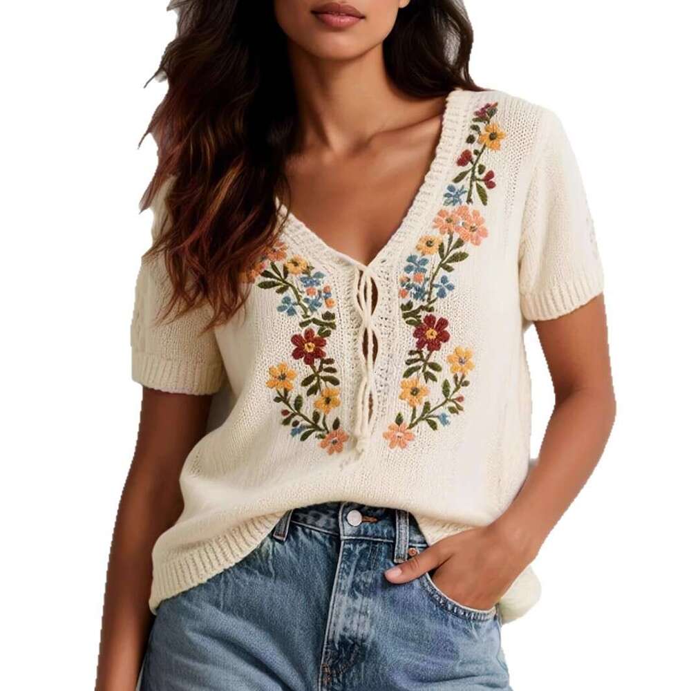 2026 European and American Cross-Border Women's Forest Style Retro Floral Embroidered Knitted Sweater Loose Fresh Versatile Knitwear