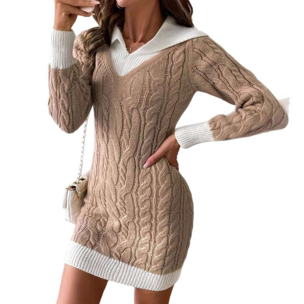 European and American Autumn Winter Long Sleeve Cable Knit Sweater 2026 Doll Collar Color Block Pullover Petite Knitted Short Dress