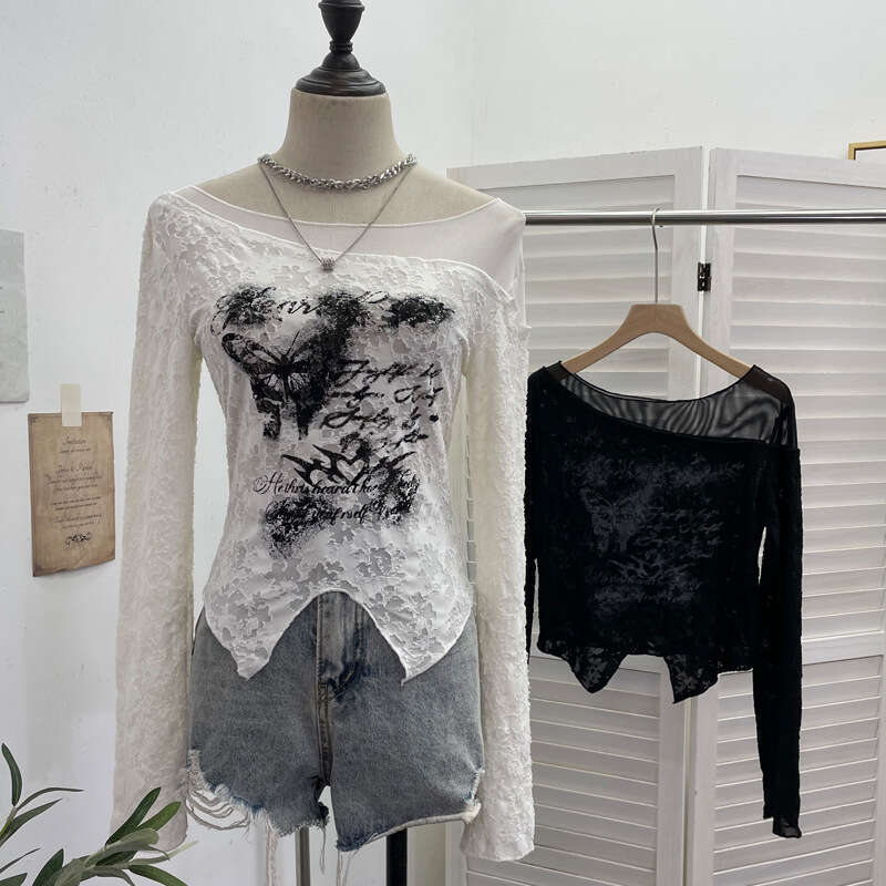 Real Shot Wasteland Style Butterfly Graffiti Mesh Patchwork Textured Long Sleeve T-Shirt Hot Girl Short Slim Top 2753