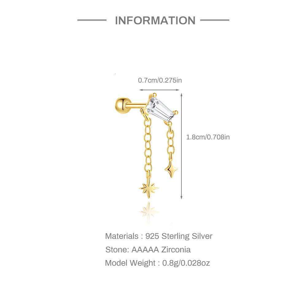 Aide 925 Sterling Silver Geometric Zircon Flat Head Earrings For Women Tassels CZ Chain Tassel Star Moon 1pc Piercing Jewelry