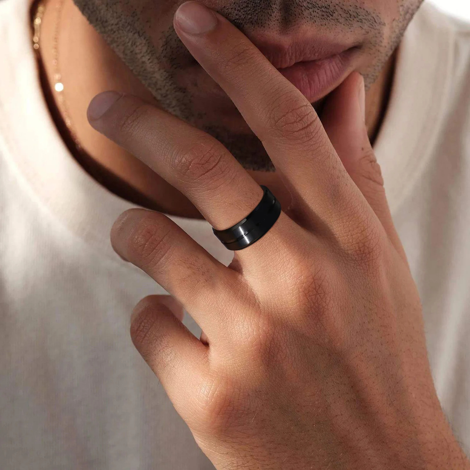 Vnox 8mm Black Men Ring Black Grooved Stainless Steel Finger Band Basic Male Boy Wedding Rings Classic Jewelry 251230