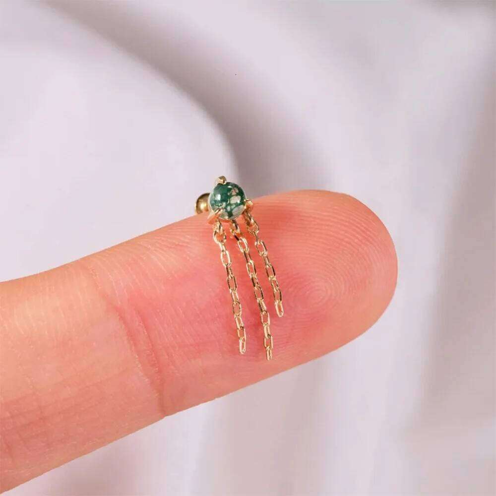Aide 925 Sterling Silver Water Grass Colored Natural Eye Agate Beads Stud Earring Women Flat Bottomed Perforated Ear Studs
