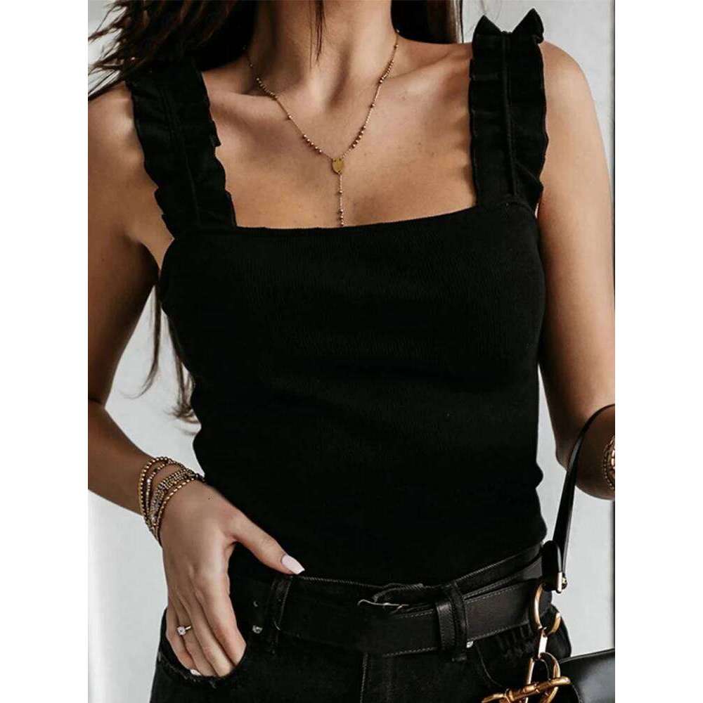Tank Square Collar Solid Knit Casual Basic Summer Ribbed Slim Ruffles Tops Women