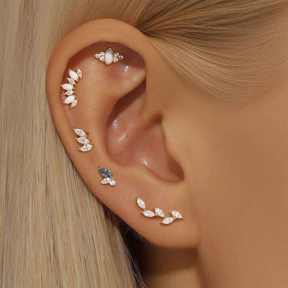 Aide Opal Stars Moon Stud Earrings For Women 925 Sterling Silver 18K Gold Flat Head Threaded Puncture Ear Bone Ins Fine Jewelry