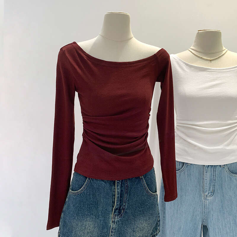 In Stock 2026 Early Spring Asymmetrical Long Sleeve T-Shirt for Women, New Autumn Slim Fit Pure Desire Sexy Inner Top